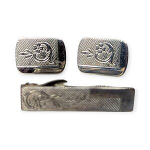 Vintage Cuff Links & Tie Clip Set Mid Century Mod Silver Tone Accessory Formal